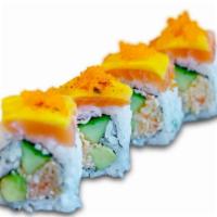 Hawaiian Roll · Spicy crab salad, cucumber, and avocado topped with salmon and mango.