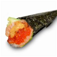 Salmon Ikura Uni Hand Roll · Salmon, Ikura, Uni, avocado Hand Roll