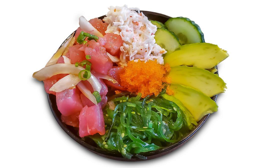 Poke Bowl · Rice topped with poke tuna, seaweed salad, crab salad, avocado, cucumber, and masago.