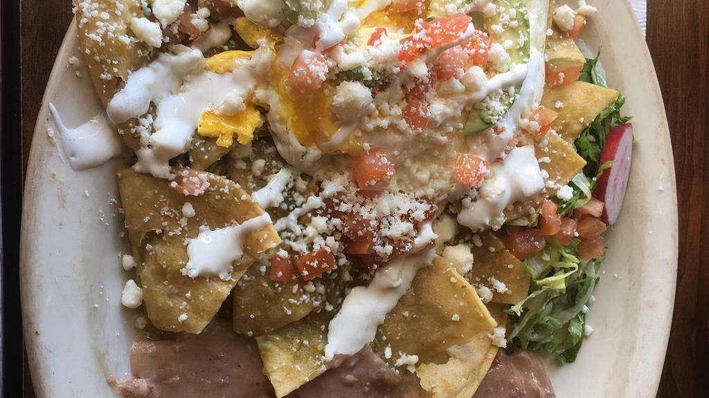 Chilaquiles · Fried tortillas(totopos) stir with freshly made salsa Verde or roja. Topped off with an egg, queso fresco and avocado.