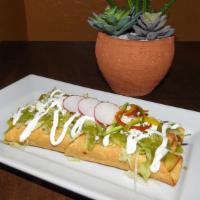 Flautas · Two rolled fresh corn tortilla stuffed with shredded beef or chicken deep fried to golden br...