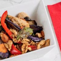 Sauté Eggplant · Deep-fried eggplant stir-fried with your choice of meat, bell peppers, carrots, soybean sauc...