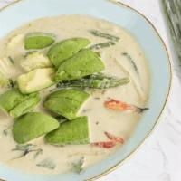 Green Curry With Avocado · Coconut milk with zucchini, bamboo shoots, bell peppers, green beans and basil leaves in gre...