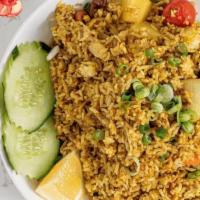 Yellow Curry Fried Rice · Choice of meat stir fried rice with egg, onions, pineapple, cashew nut, green onions, carrot...