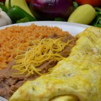 Breakfast Omelette · Egg Omelet filled with ham, pico de gallo and cheese. Flour tortilla, rice and beans on the ...