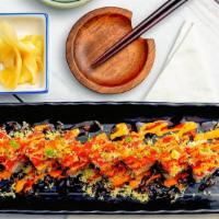 Hot Night Roll · In: shrimp tempura, crab, avocado. Out: spicy tuna, crunchy flakes and masago