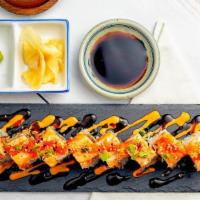House Roll · In: shrimp tempura, avocado. Out: spicy crab, shrimp and masago