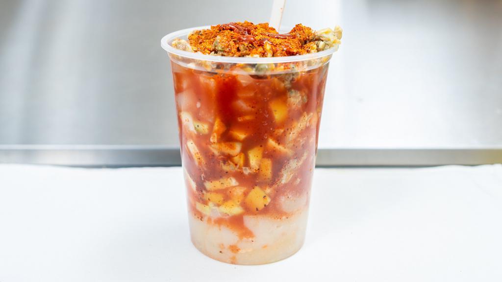 Clamaloco · Pepino, almejita cueritos, and tapatio tajin y clamato.