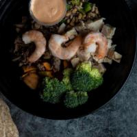 The Meatz Bowl · Chicken, shredded beef, shrimp, sweet potato chunks, quinoa kale blend and broccoli with you...