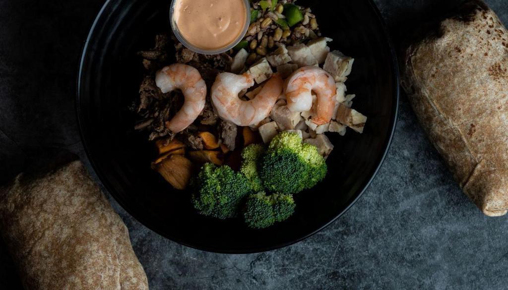 The Meatz Bowl · Chicken, shredded beef, shrimp, sweet potato chunks, quinoa kale blend and broccoli with your choice of a sauce