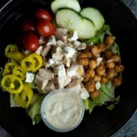 Ce Chopped Salad · Chicken, romaine, goat cheese crumbles, cherry tomatoes, cucumber, banana peppers and roaste...
