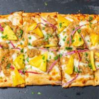 Hawaiian Flatbread   Pizza  · Asian BBQ sauce, chicken, mozzarella cheese and green onions.