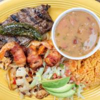 Tres Amigos · Carne asada, grilled chicken and bacon wrapped shrimp served with frijoles a la charra, rice...