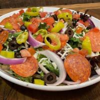 Italian Chop Salad · Shredded mozzarella, pepperoni, red onion, black olive, tomato, pepperoncini, garlic vinaigr...