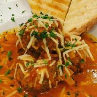 Meatball Appetizer · Beef meatballs in San Marzano sauce served with fresh bread