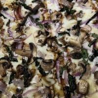 Mushrooms Pizza · Crimini, portobello, mushrooms medley with kale, onions, mozzarella and finished with a bals...