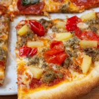Pizza Dolce Fuoco · House made fresh mozzarella, mama lil's peppers, pineapple, fennel sausage, house made san m...
