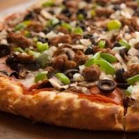 Bakers Choice · Red Sauce, Three-Cheese Blend, Pepperoni, Dry Italian Salami, Mushrooms, Black Olives, Green...