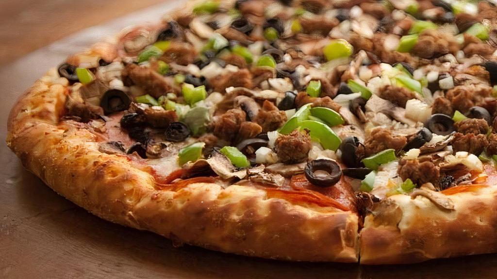 Bakers Choice · Red Sauce, Three-Cheese Blend, Pepperoni, Dry Italian Salami, Mushrooms, Black Olives, Green Peppers, Yellow Onions, Sausage, Seasoned Beef.