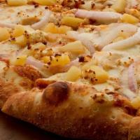 Bbq Chicken · BBQ Sauce, Grilled Chicken, Three-Cheese Blend, Pineapple, Sliced Red Onions, Feta Cheese.