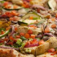 Pizza Monterey · White Sauce, Three-Cheese Blend, Spinach, Mushrooms, Sliced Zucchini, Diced Tomatoes, Artich...