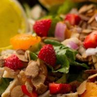 Strawberry Chicken · Romaine Lettuce, Grilled Chicken, Strawberries, Mandarin Oranges, Diced Red Onions, Candied ...