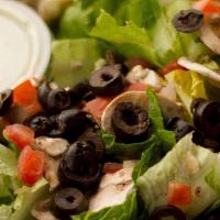 Mixed Green · Romaine Lettuce, Mushrooms, Olives, Diced Tomatoes, Seasoned Croutons with your choice of dr...