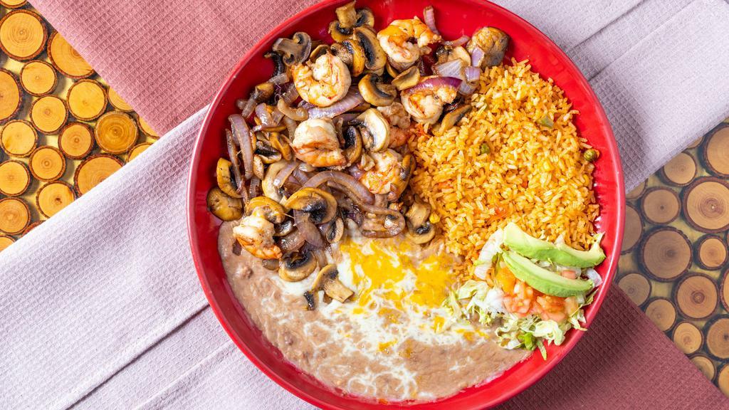 Camarones Mojo De Ajo · Shrimp sauteed in butter, garlic & mushrooms, Served with rice, beans, and tortillas.