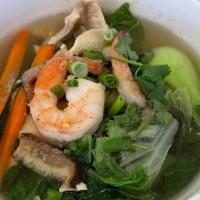 Vegetable Soup: · Mixed vegetables in a light chicken broth w/chicken & shrimp topped w/ pepper, roasted garli...