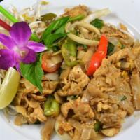 Pad Kee Mao:* · Pan-fried wide-size rice noodles with egg, onions, green onions, bell peppers, fresh chili, ...