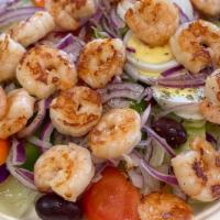 Shrimp Greek Salad · 12 Pc. Shrimp, Lettuce, tomatoes, cucumber, kalamata olives, carrots, pepperoncini, bell pep...
