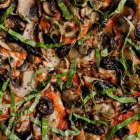 Mount Boring · Red sauce, basil chèvre, roasted mushrooms, black olives and po’fredo. Topped with fresh bas...