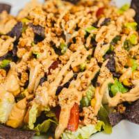 Epic Taco · Blue corn chips, roasted anaheim peppers, corn, taco tofu, tomatoes, romaine lettuce with ch...