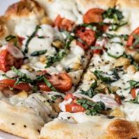 Caprese Pizza · Fresh mozzarella, roma tomatoes, fresh basil & herbs, roasted garlic, balsamic drizzle.
