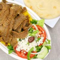 Gyros Plate · Beef and lamb gyros, served salad, pita, tzatziki sauce, and with choice of rice or fries