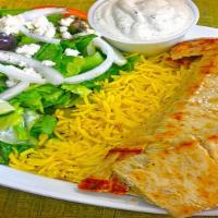 Chicken Gyros Plate · Chicken gyros, served with salad, pita, tzatziki sauce, and choice of rice or fries.