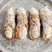 Cannolis · Vegetarian. Four cannoli shells filled with a sweet and creamy ricotta mixture then dusted w...