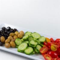 Mixed Veggie Plate · Turkish olives, cucumbers, and cherry tomatoes with drizzled olive oil.
