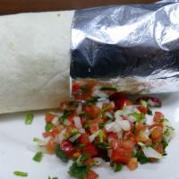 Burrito Regular · Weighing up to l lb or more the burrito is filled with rice, beans, mozzarella cheese, pico ...