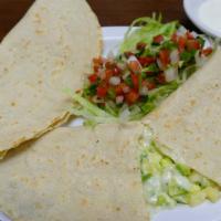 Quesadilla A Mano (Single One) · Each hand-made tortilla is filled with cheese, accompanied with pico de gallo, avocado and w...