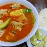 Caldo De Pollo · Our spicy red epazote based soup consist of 2 chicken legs that come with potatoes, corn, ca...