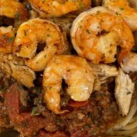 Super-Bowl Spaghetti  · Spicy. Includes Meatballs, Shrimp, Salad & Garlic Bread