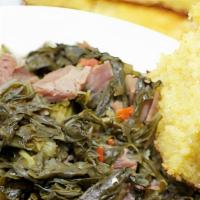 Mama Turnip Greens · Southern Style greens with Neckbones, hamhocks and pickle meat. Includes 1 corn muffin.