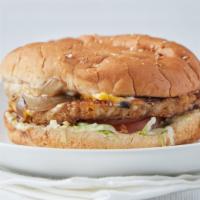 Garden Burger · Garden patties, with grill onions, cheese, lettuce tomato, pickles, mayonnaise.