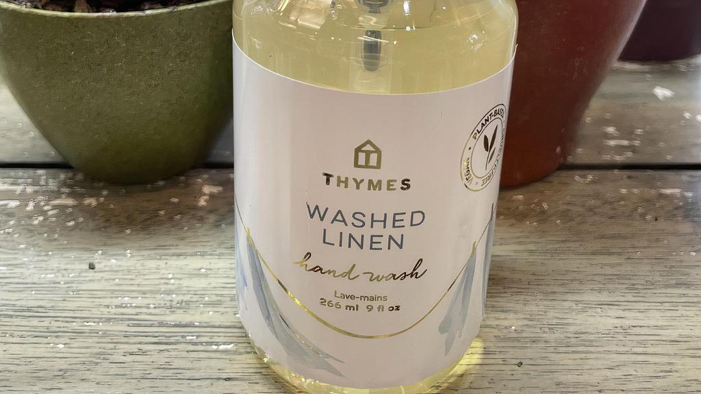 Thymes Washed Linen Hand Wash · Like crisp laundry hanging in a sunny garden.
Thymes hand wash is deeply cleansing without drying out skin. This formula contains vegetable protein and extract of lemon balm leaf and parsley to remove odors and create a clean, fragrant lather on hands.