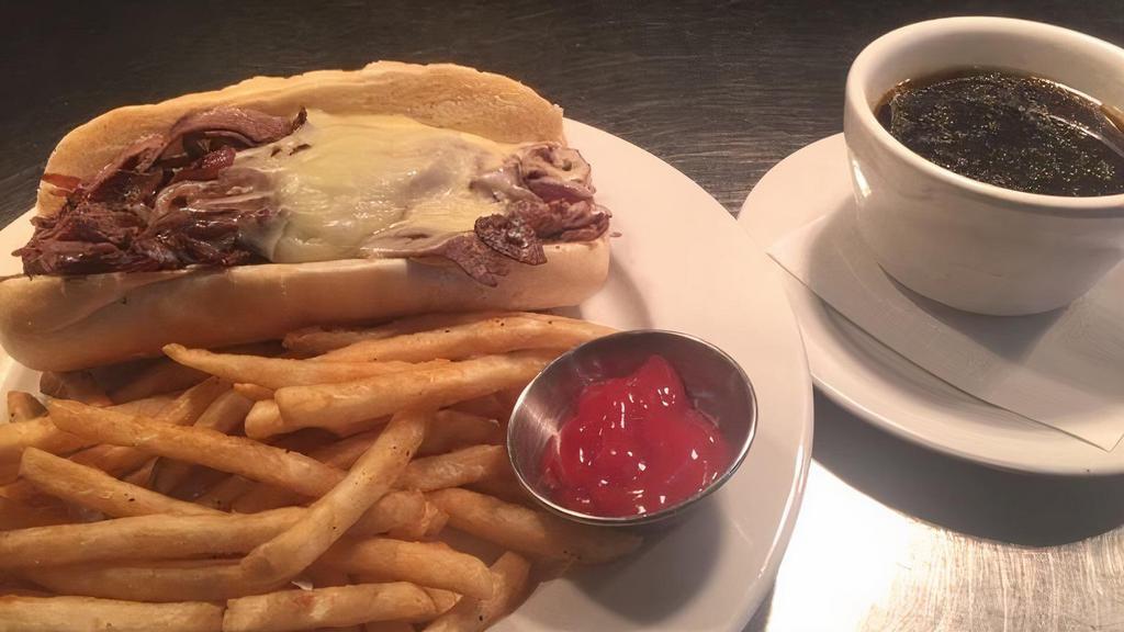 La French Dip · Roast beef, swiss, caramelized onion, au jus and French roll.