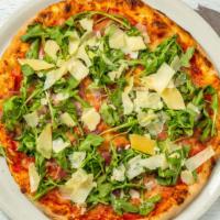 Pizza Emiliana · Pomodoro, mozzarella, fresh parmesan. Prosciutto cotto and olive oil with arugula are added ...