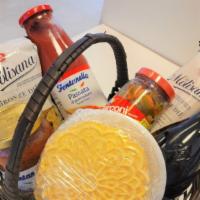 Go-To Gift Basket · Gift Basket containing delicious Italian treats: Chianti Red Wine, Pasta Farfalle, Sugo Al B...