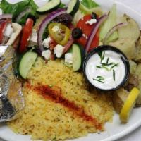 Gyro Platter · The platters come with lemon rice, potatoes, salad.