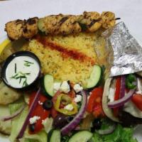 Single Chicken With Gyro · The platters come with lemon rice, potatoes, salad.